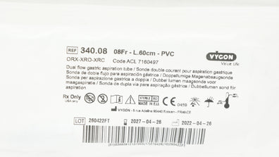Vygon 1340.08 Dual Flow Gastric Aspiration Tube 08Fr x 60cm